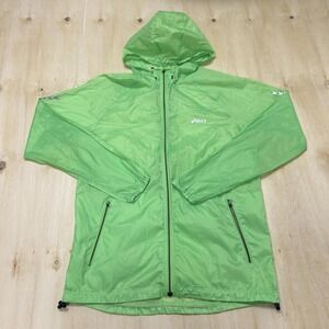 ASICS Windbreaker Jacket Mens Medium Green Hooded Full Zip Running Lightweight